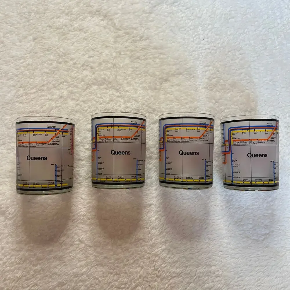 4 RARE BILL BLASS New‎ York City Subway Manhattan Map Whiskey Bourbon Glasses